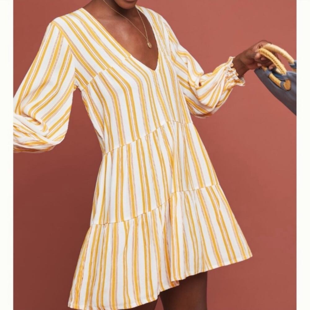 Anthropologie Faithfull Le Gallion Azure Yellow Striped Tiered Mini Dress M